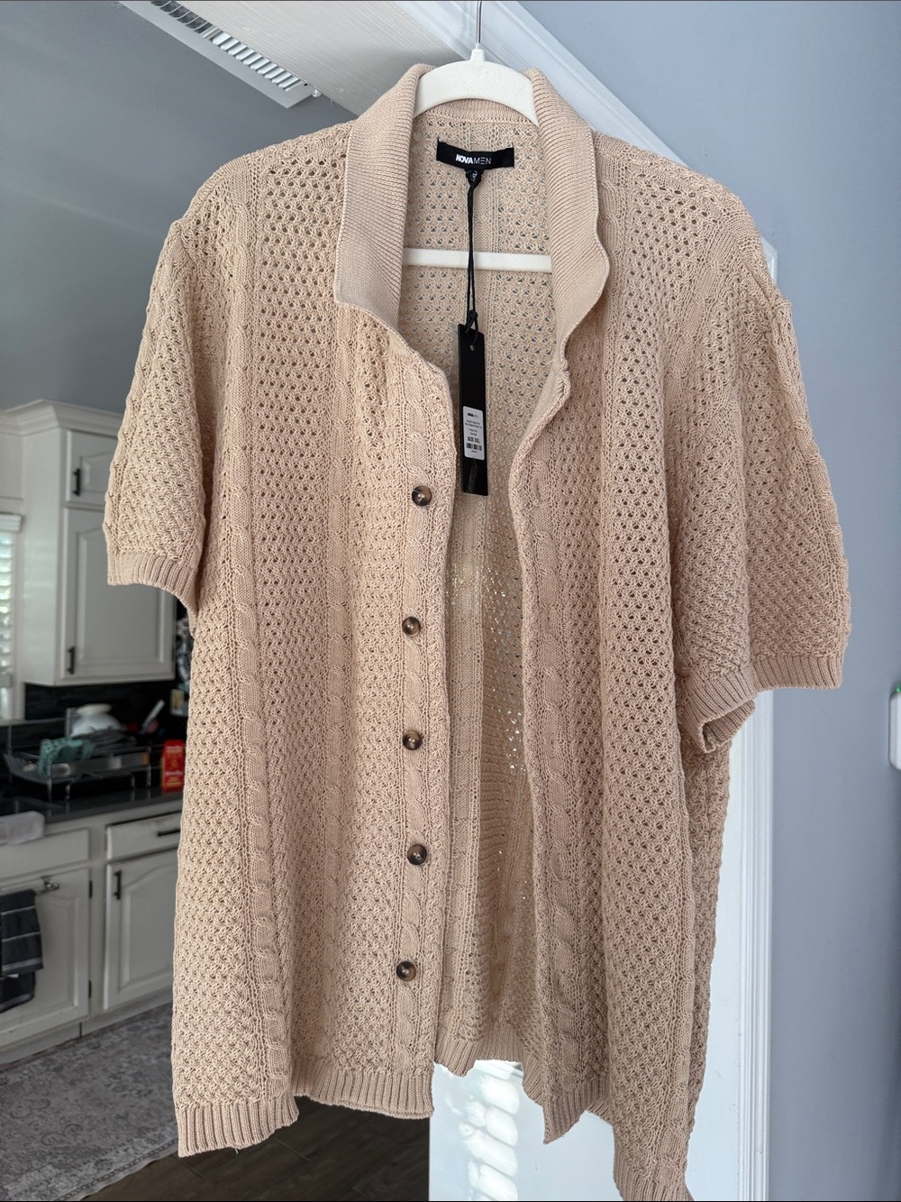 Fashion Nova Beige Short-Sleeve Button Knit Shirt